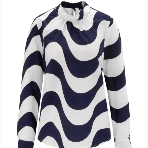 New Mock Neck Printed Slip-On Shirt with Tie Back by Aniston Large - Picture 2 of 5